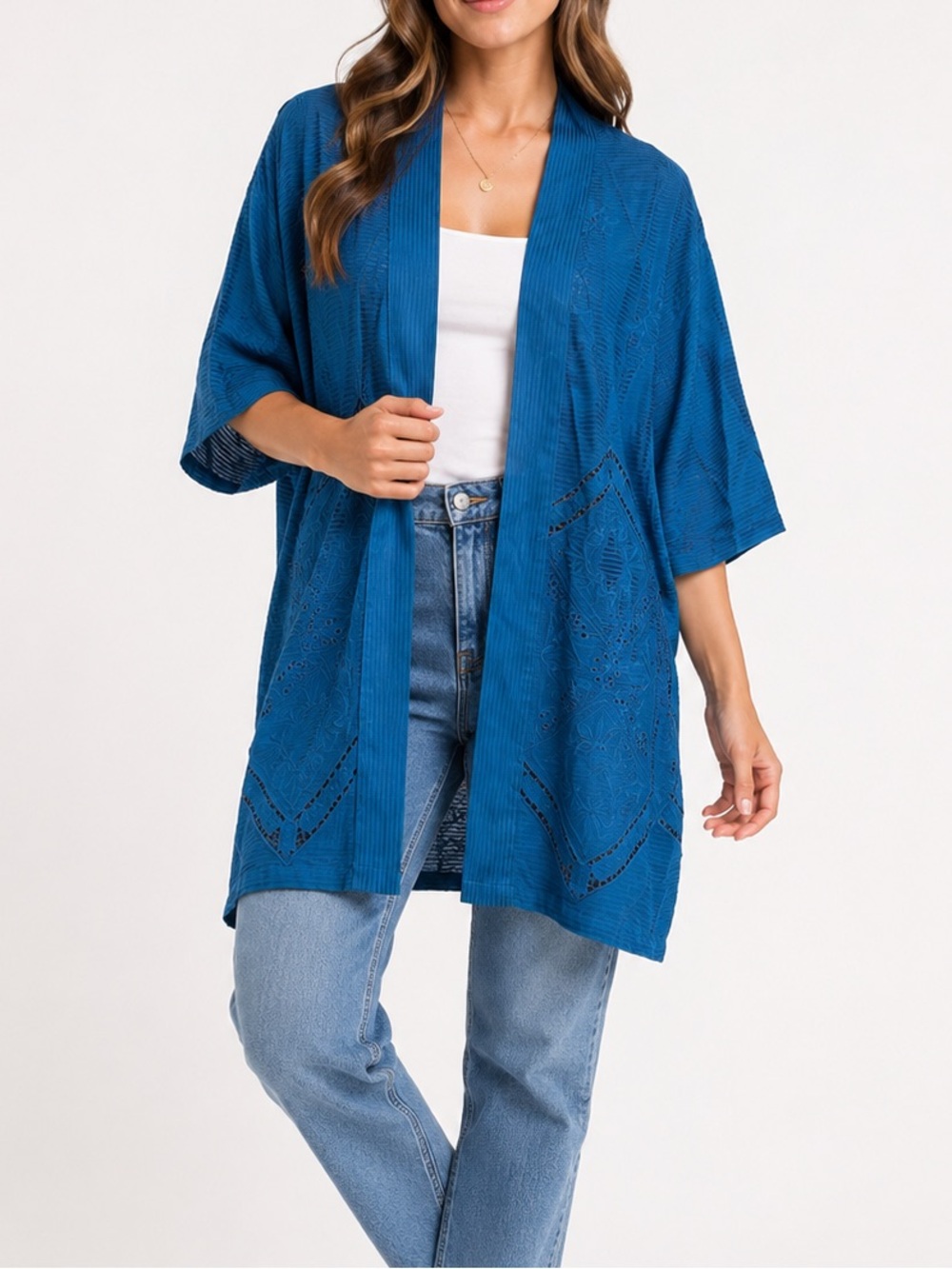 Soft Surroundings Open Front Kimono Cardigan Small Blue Textured Boho Layer